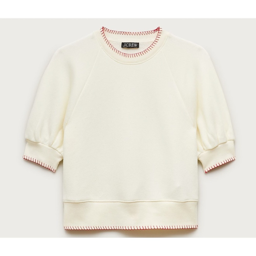 J.Crew Ivory Short Puff Sleeve Sweatshirt Red Blanket Stitch CV177 Womens Small
